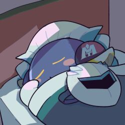Rule 34 | 1boy, bed, blanket, blue skin, closed eyes, colored skin, commentary request, indoors, kirby (series), lying, mask, meta knight, ni re, nintendo, on side, pillow, sleeping, solo, unworn mask