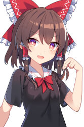 Rule 34 | 1girl, alternate costume, black shirt, bow, brown eyes, brown hair, e.o., hair between eyes, hair bow, hair tubes, hakurei reimu, highres, long hair, looking at viewer, open mouth, red bow, shirt, short sleeves, sidelocks, simple background, smile, solo, touhou, upper body, white background