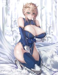 Rule 34 | 1girl, artoria pendragon (fate), artoria pendragon (lancer) (fate), bare shoulders, blue gloves, blue leotard, blue thighhighs, blush, braid, breasts, cleavage, closed mouth, crown, fate/grand order, fate (series), french braid, gloves, green eyes, hair between eyes, highres, kneeling, large breasts, leotard, long hair, looking at viewer, misaka 12003-gou, sidelocks, solo, thighhighs, thighs
