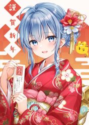Rule 34 | 1girl, :d, ahoge, blue eyes, blue hair, blush, chinese zodiac, commentary request, egasumi, floral print, flower, furisode, hair between eyes, hair bun, hair flower, hair ornament, higeneko, highres, holding, japanese clothes, kimono, long sleeves, looking at viewer, obi, ofuda, open mouth, original, print kimono, red flower, red kimono, sash, sidelocks, single hair bun, smile, solo, translation request, white flower, wide sleeves, year of the tiger