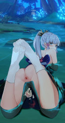 Rule 34 | 1girl, absurdres, anus, ass, ayaka (genshin impact), blue eyes, blush, breasts, feet, from behind, genshin impact, has bad revision, has censored revision, highres, looking at viewer, looking back, night, no panties, outdoors, partially submerged, ponytail, pussy, see-through, sideboob, socks, solo, toes, water, white socks, xik (user mfnv5485)