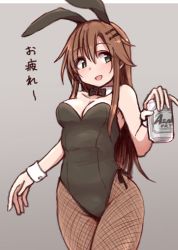 Rule 34 | 1girl, animal ears, asahi breweries, beer can, black bow, black bowtie, black leotard, bow, bowtie, breasts, brown hair, brown pantyhose, can, cleavage, cowboy shot, detached collar, drink can, fake animal ears, fishnet pantyhose, fishnets, green eyes, grey background, hair ornament, hairclip, himekawa yuki, idolmaster, idolmaster cinderella girls, kotaro, leotard, long hair, looking at viewer, looking to the side, medium breasts, pantyhose, playboy bunny, rabbit ears, rabbit tail, simple background, solo, strapless, strapless leotard, tail, wrist cuffs