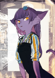 Rule 34 | 1girl, animal ears, blouse, body fur, cat ears, cat tail, colored skin, female focus, furry, furry female, hair ornament, highres, idkuroi, multicolored hair, multicolored shirt, noire kooshe, original, pink hair, purple hair, shirt, slit pupils, solo, striped clothes, striped shirt, tail, yellow eyes