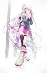 Rule 34 | 1girl, ahoge, bare shoulders, blue eyes, boots, braid, character name, full body, highres, ia (vocaloid), kenshin (kenshin3), light purple hair, long hair, looking at viewer, looking down, microphone, off shoulder, simple background, single thighhigh, skirt, solo, thigh strap, thighhighs, twin braids, very long hair, vocaloid