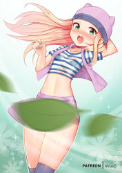 Rule 34 | 1girl, artist name, blonde hair, blurry, blurry foreground, blush, clothes lift, convenient censoring, digimon, green eyes, hat, leaf, leaf censor, long hair, looking at viewer, midriff, navel, open mouth, orimoto izumi, petite, skirt, skirt lift, solo, standing, virus-g, wind, wind lift