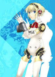 Rule 34 | 1girl, aegis (persona), android, atlus, blonde hair, blue eyes, bow, bowtie, cowboy shot, headphones, joints, machinery, mizuki makoto, persona, persona 3, red bow, red bowtie, robot joints, short hair, silhouette, solo, standing