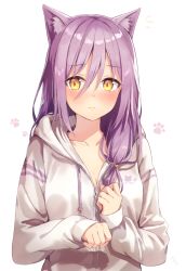 Rule 34 | 1girl, animal ear fluff, animal ears, blush, breasts, cat ears, cleavage, closed mouth, collarbone, hair between eyes, long hair, long sleeves, looking at viewer, low twintails, medium breasts, nonono (nononotea), notice lines, original, purple hair, solo, twintails, upper body, yellow eyes