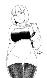 Rule 34 | 1girl, bob cut, breasts, closed mouth, dated, dragon ball, dragon ball super, dragon ball super broly, greyscale, large breasts, looking at viewer, monochrome, nion (dragon ball), saiyan armor, short hair, signature, simple background, smile, solo, tsukudani (coke-buta), white background