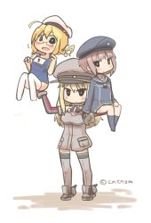 Rule 34 | 10s, 3girls, :&lt;, ahoge, bismarck (kancolle), blonde hair, blue eyes, blush stickers, brown eyes, brown hair, chibi, glasses, gloves, hair ribbon, hat, i-8 (kancolle), inishie, kantai collection, lifting person, multiple girls, ribbon, school swimsuit, sitting, sweat, swimsuit, thighhighs, z3 max schultz (kancolle)