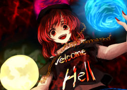 Rule 34 | 1girl, akaiha (akaihagusk), bad id, bad pixiv id, bare shoulders, chain, clothes writing, collar, earth (ornament), hat, hecatia lapislazuli, long hair, moon (ornament), open mouth, red eyes, red hair, shirt, skirt, smile, solo, t-shirt, touhou