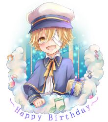 Rule 34 | 1boy, :d, absurdres, bandage over one eye, bandages, bass clef, beamed eighth notes, blonde hair, blue coat, blue jacket, blue ribbon, box, cape, capelet, cloud, coat, commentary request, dal segno (symbol), eighth note, english text, gift, happy birthday, hat, highres, jacket, long sleeves, looking at viewer, male focus, musical note, oliver (vocaloid), one eye covered, open mouth, quarter note, ribbon, sailor hat, shirt, short hair, smile, snowflakes, staff (music), treble clef, vocaloid, white background, white hat, white shirt, yasuko ame, yellow eyes, yellow ribbon