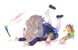 Rule 34 | 1girl, animal ears, artist name, black footwear, blue bow, blue dress, bow, brown hair, brush, commentary request, dated, dress, faceplant, falling, highres, loafers, long hair, long sleeves, original, outstretched arm, paint, pantyhose, rabbit ears, sailor dress, shoe loss, shoes, unworn shoes, single shoe, solo, tsubasa tsubasa, very long hair, white background, white pantyhose