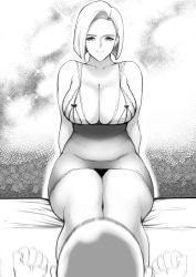 Rule 34 | 1boy, 1girl, absurdres, android 18, arms behind back, bald, bare arms, blush, breasts, cleavage, clenched hands, dragon ball, dragonball z, dress, greyscale, highres, husband and wife, jnsdh, kuririn, large breasts, lingerie, looking at another, mature female, monochrome, short hair, sitting, sweatdrop, thick thighs, thighs, underwear