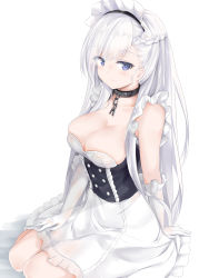 Rule 34 | 1girl, :d, absurdres, arm support, azur lane, bare shoulders, belfast (azur lane), blue eyes, blush, braid, breasts, center frills, chain, cleavage, closed mouth, collar, collarbone, corset, dress, elbow gloves, french braid, frills, gloves, hand on lap, heart, heart-shaped pupils, highres, large breasts, long hair, looking at viewer, maid, maid headdress, open mouth, ru zhai, simple background, sitting, skindentation, sleeveless, sleeveless dress, smile, solo, symbol-shaped pupils, very long hair, white background, white dress, white gloves, white hair, yokozuwari
