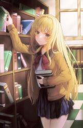 Rule 34 | 1girl, absurdres, arm up, black sailor collar, black skirt, blonde hair, blush, book, bookshelf, bow, bowtie, cardigan, checkered floor, closed mouth, cowboy shot, green eyes, hair intakes, highres, library, long hair, long sleeves, miniskirt, open cardigan, open clothes, original, pleated skirt, red bow, red bowtie, sailor collar, school uniform, shirt, skirt, smile, solo, standing, straight hair, very long hair, white shirt, whoing x2, yellow cardigan