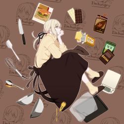 Rule 34 | 1girl, amase (yagami666), apron, aran sweater, artoria pendragon (all), artoria pendragon (fate), black apron, burger, cable knit, chocolate, english text, fate/grand order, fate (series), food, from side, full body, hair ribbon, housewife, pale skin, ponytail, ribbon, saber alter, slippers, socks, solo, sweater, turtleneck, turtleneck sweater, whisk, yellow eyes