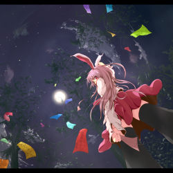 Rule 34 | 1girl, animal ears, aruu (memories), bad id, bad pixiv id, black thighhighs, female focus, foreshortening, from below, highres, letterboxed, long hair, nature, outdoors, purple hair, rabbit ears, red eyes, reisen udongein inaba, sky, solo, tanabata, thighhighs, touhou