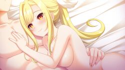Rule 34 | 1girl, amaeda chiwa, bed, blonde hair, blush, breast press, breasts, completely nude, from above, game cg, go-1, high ponytail, highres, hooksoft, koi ni wa amae ga hitsuyou desu, long hair, looking at another, lying, medium breasts, nude, on bed, on side, orange eyes, original, smile, upper body