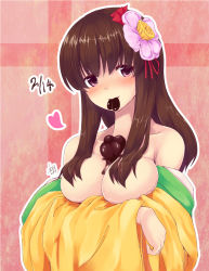 Rule 34 | 1girl, alternate hair color, blush, breasts, brown hair, candy, chocolate, chocolate heart, chocolate on body, chocolate on breasts, collarbone, flower, food, hair flower, hair ornament, hazuki kyou, heart, hieda no akyuu, japanese clothes, kimono, large breasts, mouth hold, off shoulder, plaid, plaid background, purple eyes, solo, touhou