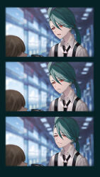 Rule 34 | 00kashian00, 1girl, 1other, 3koma, absurdres, ahoge, black necktie, blurry, blurry background, border, bright pupils, collared shirt, comic, commentary request, creatures (company), earrings, game freak, green hair, hair between eyes, highres, indoors, jewelry, long hair, looking down, necktie, nintendo, open mouth, pokemon, pokemon sv, ponytail, red eyes, rika (pokemon), shirt, suspenders, white pupils