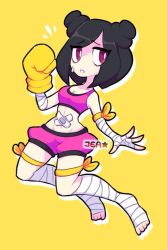 Rule 34 | 1girl, armband, bandaged hand, bandaged leg, bandages, bandaid, bandaid on stomach, barefoot, black hair, boxing gloves, breasts, cleavage, collarbone, double bun, flying sweatdrops, gloves, hair bun, jumping, looking to the side, medium breasts, midriff, parted lips, purple eyes, purple shirt, purple shorts, shirt, shorts, single glove, sprayjea, sweatdrop, tank top, teeth, thigh strap, yellow background, yellow gloves