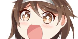 Rule 34 | 10s, 1girl, brown eyes, brown hair, eyebrows, gradient eyes, hair between eyes, headband, kantai collection, looking at viewer, multicolored eyes, nahaki, open mouth, portrait, short hair, simple background, sin-poi, solo, sparkling eyes, symbol-shaped pupils, tanikaze (kancolle), white background