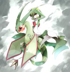 Rule 34 | 1girl, arm up, armpits, bob cut, claws, cloud, cloudy sky, collarbone, colored sclera, colored skin, creatures (company), dragon, flat chest, flygon, full body, game freak, gardevoir, gen 3 pokemon, get, gorilla (bun0615), green hair, green skin, grey eyes, hair over one eye, highres, looking to the side, midair, multicolored skin, nintendo, one eye covered, open mouth, pokemon, pokemon (creature), rain, red eyes, red sclera, riding, shading eyes, short hair, sky, storm, two-tone skin, white skin