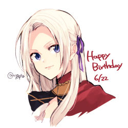 Rule 34 | 1girl, bad id, bad twitter id, closed mouth, dated, edelgard von hresvelg, fire emblem, fire emblem: three houses, hair ribbon, happy birthday, long hair, naho (pi988y), nintendo, purple eyes, ribbon, simple background, smile, solo, twitter username, upper body, white background, white hair