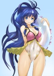 Rule 34 | 1girl, blue eyes, blue hair, braid, breasts, cleavage, covered navel, deekei, fingernails, fire emblem, fire emblem: the sacred stones, fire emblem heroes, frilled swimsuit, frills, gluteal fold, hair bobbles, hair ornament, highleg, highleg swimsuit, highres, hip focus, innertube, large breasts, lips, long hair, nintendo, one-piece swimsuit, shiny skin, sidelocks, signature, smile, solo, spaghetti strap, swim ring, swimsuit, tana (fire emblem), tana (summer) (fire emblem), thighs, twin braids, very long hair