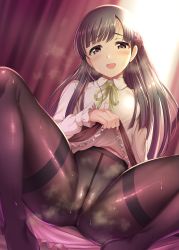 Rule 34 | 1girl, :d, absurdres, arm support, bed, bed sheet, bedroom, black eyes, black pantyhose, blunt bangs, blush, bow, bowtie, braid, breasts, breath, brown hair, buttons, cameltoe, cleft of venus, clothes lift, collared shirt, commentary request, crotch seam, curtains, day, dress, dress shirt, embroidered panties, flashing, flower, frilled skirt, frills, green bow, green ribbon, hair flower, hair ornament, head tilt, heavy breathing, highres, idolmaster, idolmaster cinderella girls, idolmaster cinderella girls starlight stage, indoors, knees up, kobayakawa sae, lifting own clothes, long hair, long sleeves, looking at viewer, ment, neck ribbon, no panties, no shoes, on bed, open mouth, panties, panties under pantyhose, pantyhose, reclining, ribbon, shiny clothes, shiny legwear, shirt, side braid, sidelocks, sitting, skirt, skirt lift, small breasts, smell, smile, solo, spread legs, steam, steaming body, sunlight, sweat, thighband pantyhose, underwear, white dress, white shirt, window, wing collar