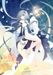 Rule 34 | 1girl, absurdres, ankle ring, bare shoulders, barefoot, bell, bird, dress, floating, full body, genshin impact, grey hair, guizhong (genshin impact), highres, looking at viewer, oy youyou yo, parted lips, plant request, shining, short dress, short hair with long locks, silhouette, sky, sleeves past fingers, sleeves past wrists, smile, solo, star (sky), starry sky