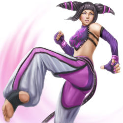 Rule 34 | 1girl, baggy pants, barefoot, black hair, bracelet, capcom, clenched hand, drill hair, feet, fighting stance, fingerless gloves, gloves, halterneck, han juri, jewelry, kicking, nail polish, pants, purple eyes, realistic, simple background, soles, solo, stirrup legwear, street fighter, street fighter iv (series), tank top, toeless legwear, toes, twin drills