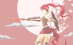 Rule 34 | 1girl, absurdres, armor, armored legwear, armpits, bare shoulders, breasts, corset, elbow gloves, from side, full moon, gloves, green eyes, highres, jewelry, long hair, medium breasts, midriff, moon, neck ring, pink sky, polearm, pyrrha nikos, red hair, rwby, shield, sky, solo, spear, thighhighs, thighs, tsukimizake, weapon