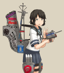 Rule 34 | 1girl, adapted turret, black hair, blue sailor collar, blue skirt, brown eyes, brown hair, bushiroad, cannon, chagamaka, commentary request, cowboy shot, grey background, highres, hirota (company), kantai collection, lawson, logo, machinery, mitsukoshi (department store), miyuki (kancolle), peach (airline), pizza hut, pleated skirt, sailor collar, school uniform, serafuku, short hair, simple background, skirt, smokestack, solo, torpedo launcher, turret, type-moon