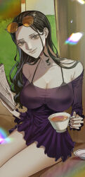 Rule 34 | 1girl, black hair, blue eyes, book, bra, breasts, cleavage, closed mouth, commentary request, cup, dress, eyewear on head, highres, holding, holding book, holding cup, large breasts, long hair, looking at viewer, nico robin, nsgw, off-shoulder dress, off shoulder, one piece, sitting, smile, solo, sunglasses, teacup, underwear