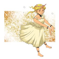 Rule 34 | 1girl, alternate costume, alternate hairstyle, anklet, barefoot, blonde hair, dress, feet, female focus, hair up, head wreath, horns, hoshiguma yuugi, jewelry, onikobe rin, outstretched hand, pointy ears, single horn, solo, touhou, wreath