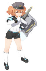 Rule 34 | 1girl, absurdres, aged down, ballistic shield, black footwear, black shorts, blowing whistle, cerberus (last origin), child, commentary, covered navel, flat chest, full body, gloves, greentree, grey hat, hair between eyes, hand on own hip, hand up, hat, highres, holding, holding whistle, korean text, last origin, long sleeves, looking ahead, mole, mole under eye, orange hair, peaked cap, shield, shirt, shoes, short hair, shorts, simple background, socks, solo, standing, translated, whistle, white background, white gloves, white shirt, white socks