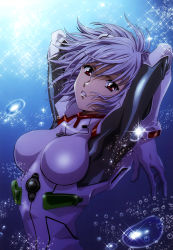 Rule 34 | 1girl, armpits, arms up, ayanami rei, blue hair, bodysuit, breasts, bubble, floating hair, from side, gloves, hair ornament, highres, interface headset, kawarajima kou, large breasts, looking at viewer, neon genesis evangelion, parted lips, pilot suit, plugsuit, red eyes, short hair, skin tight, skinny, solo, sparkle, turtleneck, underwater, upper body, water