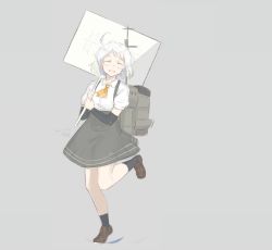 Rule 34 | 1girl, arm warmers, ascot, black socks, brown footwear, facing viewer, full body, grey background, grey skirt, hikashima (shiofune), holding, holding sign, kantai collection, loafers, machinery, natsugumo (kancolle), orange ascot, pleated skirt, shirt, shoes, short hair, sign, simple background, skirt, smile, socks, solo, suspender skirt, suspenders, white hair, white shirt