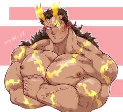 Rule 34 | 1boy, bara, beard stubble, border, brown hair, commentary request, cropped torso, dark-skinned male, dark skin, facial hair, fiery horns, furrowed brow, highres, horns, kizami nori to yamaimo, large pectorals, long hair, long sideburns, looking to the side, male focus, muscular, muscular male, nipples, outline, pectoral squeeze, pectorals, pink background, scar, sideburns, signature, simple background, solo, stubble, sweatdrop, taishakuten (housamo), tokyo houkago summoners, veins, veiny arms, veiny hands, white border, white outline