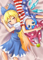 Rule 34 | 2girls, american flag dress, bed sheet, blonde hair, blue bow, blue dress, blue eyes, blue hair, blush, bow, cirno, closed eyes, clownpiece, cosplay, costume switch, dress, fairy wings, flat chest, from above, frown, hair bow, hat, highres, ice, ice wings, jester cap, jitome, kusamochi, long hair, looking at viewer, lying, multiple girls, neck ribbon, neck ruff, on back, on side, pointy ears, polka dot, pout, puffy short sleeves, puffy sleeves, red eyes, red ribbon, ribbon, short dress, short hair, short sleeves, slit pupils, smile, touhou, very long hair, wings