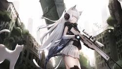 Rule 34 | 1girl, absurdres, ai arctic warfare, animal, animal ear fluff, animal ears, awp (girls&#039; frontline) (nekoya (liu)), bandaged arm, bandages, bird, black gloves, blue eyes, bolt action, building, cat, cat ears, cat girl, cat tail, closed mouth, colored eyelashes, commentary, commission, dress, english commentary, girls&#039; frontline, gloves, gun, headphones, highres, holding, holding gun, holding weapon, long hair, looking at viewer, nekoya (liu), original, overgrown, pleated dress, rifle, ruins, scenery, skyscraper, sleeveless, sleeveless dress, sniper rifle, scope, solo, standing, tail, trigger discipline, very long hair, weapon, white cat, white dress, white hair
