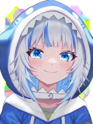 Rule 34 | 1girl, blue eyes, blue hair, blush, closed mouth, gawr gura, grey hair, highres, hololive, hololive english, looking at viewer, multicolored hair, ryu160303, short hair, smile, solo, streaked hair, upper body, virtual youtuber