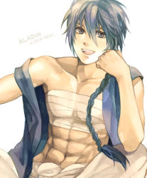 Rule 34 | 1boy, abs, aladdin (magi), arabian clothes, black hair, blue eyes, braid, chest sarashi, hair between eyes, indian style, long hair, looking at viewer, magi the labyrinth of magic, male focus, off shoulder, aged up, sarashi, scarlet-xx, simple background, single braid, sitting, smile, solo, white background