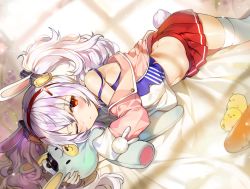 Rule 34 | 1girl, animal ears, azur lane, blush, bow, breasts, butt crack, camisole, closed mouth, commentary, fake animal ears, fur-trimmed jacket, fur trim, gijang, hair between eyes, hair bow, hairband, holding, holding stuffed toy, jacket, laffey (azur lane), long hair, looking at viewer, lying, midriff, navel, hugging object, off shoulder, on bed, on side, one eye closed, open clothes, open jacket, pink jacket, rabbit ears, red hairband, red skirt, shiny skin, silver hair, skindentation, skirt, sleeves past wrists, small breasts, solo, stomach, strap slip, stuffed animal, stuffed rabbit, stuffed toy, symbol-only commentary, twintails, white camisole, white legwear