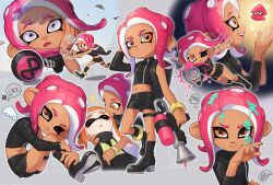 Rule 34 | 2girls, 8-ball, agent 3 (splatoon), agent 8 (splatoon), arm up, backpack, bag, bike shorts, black footwear, black shirt, black skirt, boots, brown eyes, brown hair, closed eyes, commentary request, dark-skinned female, dark skin, full body, hand on own cheek, hand on own face, highres, inkling, inkling (squid), inkling girl, inkling player character, knees up, long hair, midriff, miniskirt, multiple girls, multiple views, navel, nintendo, octoling, octoling girl, octoling player character, open mouth, pointy ears, red hair, running, shirt, short shorts, shorts, shorts under skirt, sitting, skirt, splatoon (series), splatoon 2, splatoon 2: octo expansion, suction cups, tentacle hair, thigh strap, watakei (16161717), weapon
