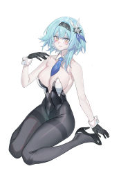 Rule 34 | 1girl, absurdres, alternate costume, bare arms, bare shoulders, black footwear, black gloves, black hairband, black leotard, black pantyhose, blue hair, blue necktie, blush, breasts, cleavage, commentary, covered navel, detached collar, echj, eula (genshin impact), genshin impact, gloves, hair ornament, hairband, hand up, high heels, highres, large breasts, leotard, looking at viewer, medium hair, necktie, pantyhose, revision, simple background, sitting, solo, strapless, strapless leotard, thighband pantyhose, wariza, white background, wrist cuffs, yellow eyes