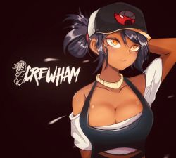 Rule 34 | 1girl, arm at side, arm up, baseball cap, brawlhalla, breasts, cleavage, collarbone, crewham, cringywoomy, dark-skinned female, dark skin, derivative work, detached sleeves, english text, hair between eyes, hat, highres, jewelry, large breasts, light blush, logo, looking afar, looking away, looking up, mirage (brawlhalla), mirage (freestyle) (brawlhalla), necklace, orange eyes, parted lips, pig, red background, shiny skin, simple background, solo, swept bangs, tsurime, white sleeves