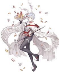 Rule 34 | 1girl, animal ears, black footwear, black leotard, black pantyhose, braid, cane, fake animal ears, flower, full body, grey eyes, grey hair, hair flower, hair ornament, hair over shoulder, holding, holding cane, holding tray, japanese clothes, jewelry, ji no, kimono, leotard, looking at viewer, necklace, nontraditional playboy bunny, off shoulder, official art, okobo, pantyhose, playboy bunny, poker chip, pom pom (clothes), rabbit ears, ring, sandals, single braid, sinoalice, snow white (sinoalice), solo, strapless, strapless leotard, thigh strap, thumb ring, transparent background, tray, white kimono, wide sleeves, zouri