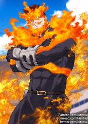 Rule 34 | 1boy, abs, bara, beard, belt, blurry, blurry background, bodysuit, boku no hero academia, cloud, cloudy sky, covered abs, cowboy shot, crossed arms, embers, endeavor (boku no hero academia), facial hair, fire, gloves, gumroad username, kienbiu, long sleeves, looking at viewer, male focus, manly, muscular, paid reward available, patreon username, simple background, skin tight, sky, solo, tight clothes, toned, toned male, twitter username, upper body